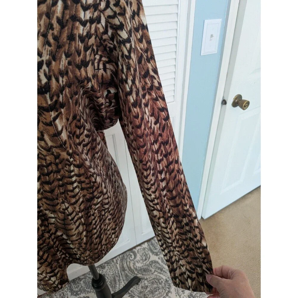 Talbots Pure Merino Wool Cardigan Sweater Womens XL Brown Feather Print Academia